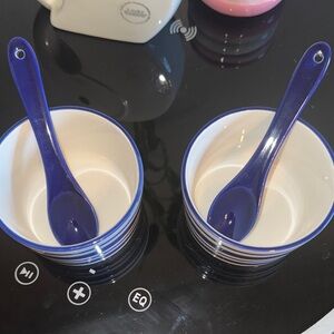 Blue and White Ceramic Bowls with Spoons